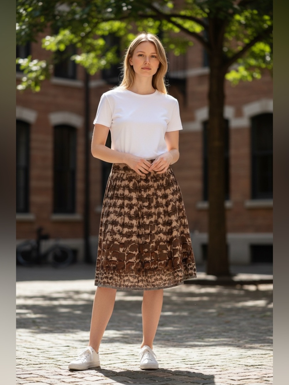 Alfani Brown and Beige Patterned Pleated Skirt
